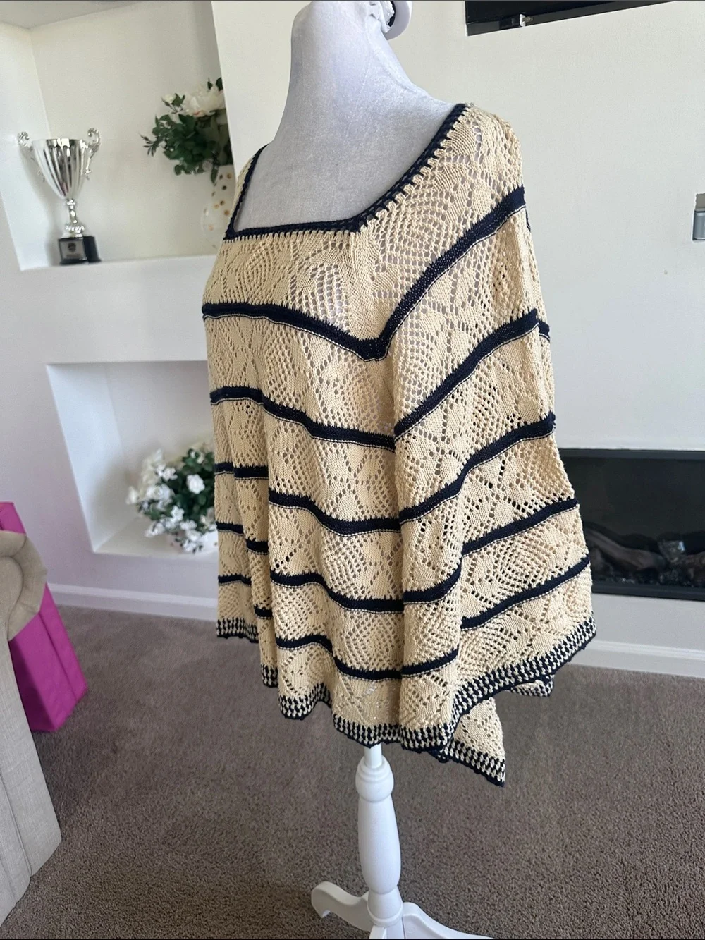 Free People Beige Open-Knit Square Neck Sweater with Black Stripes